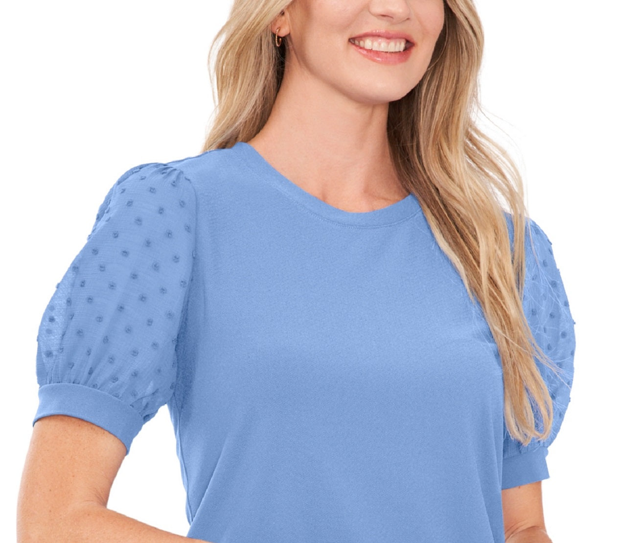 Top feminino CeCe com manga bufante e estampa de mídia mista, azul, tamanho médio