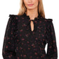Blusa feminina CeCe com babados florais e decote dividido, preta, tamanho pequeno