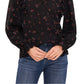 Blusa feminina CeCe com babados florais e decote dividido, preta, tamanho pequeno