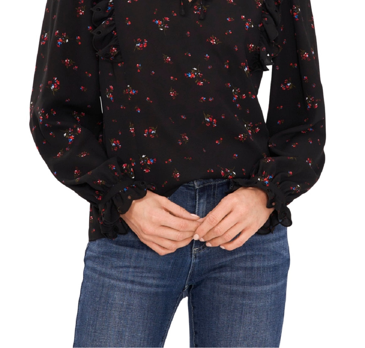Blusa feminina CeCe com babados florais e decote dividido, preta, tamanho pequeno