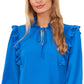 Blusa feminina CeCe com babados e manga comprida, azul, tamanho pequeno