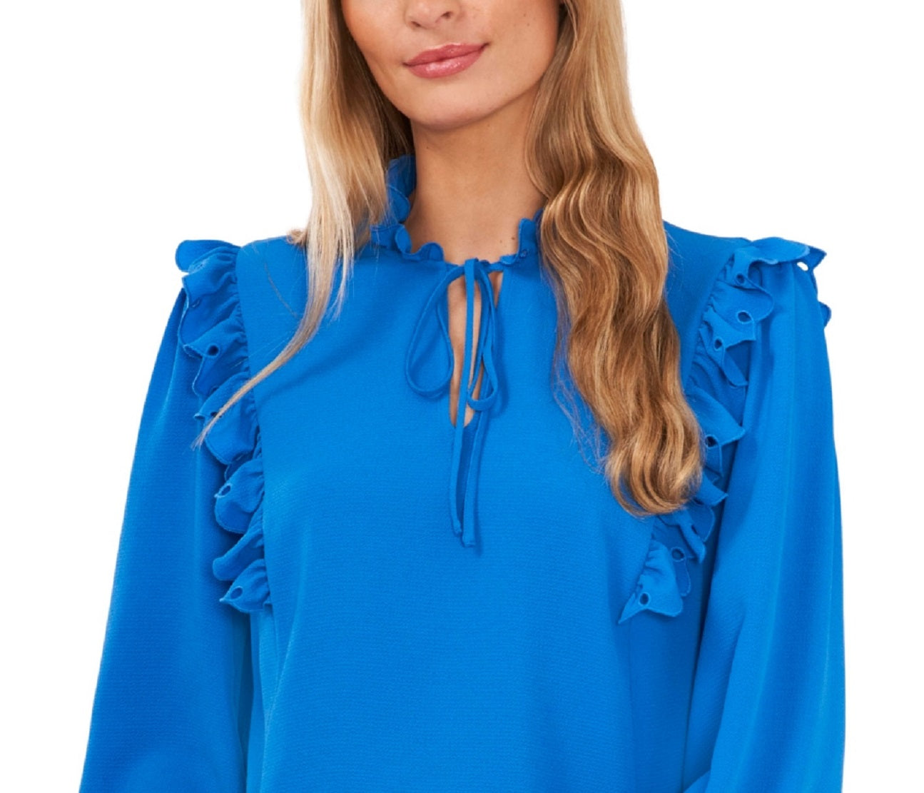 Blusa feminina CeCe com babados e manga comprida, azul, tamanho pequeno