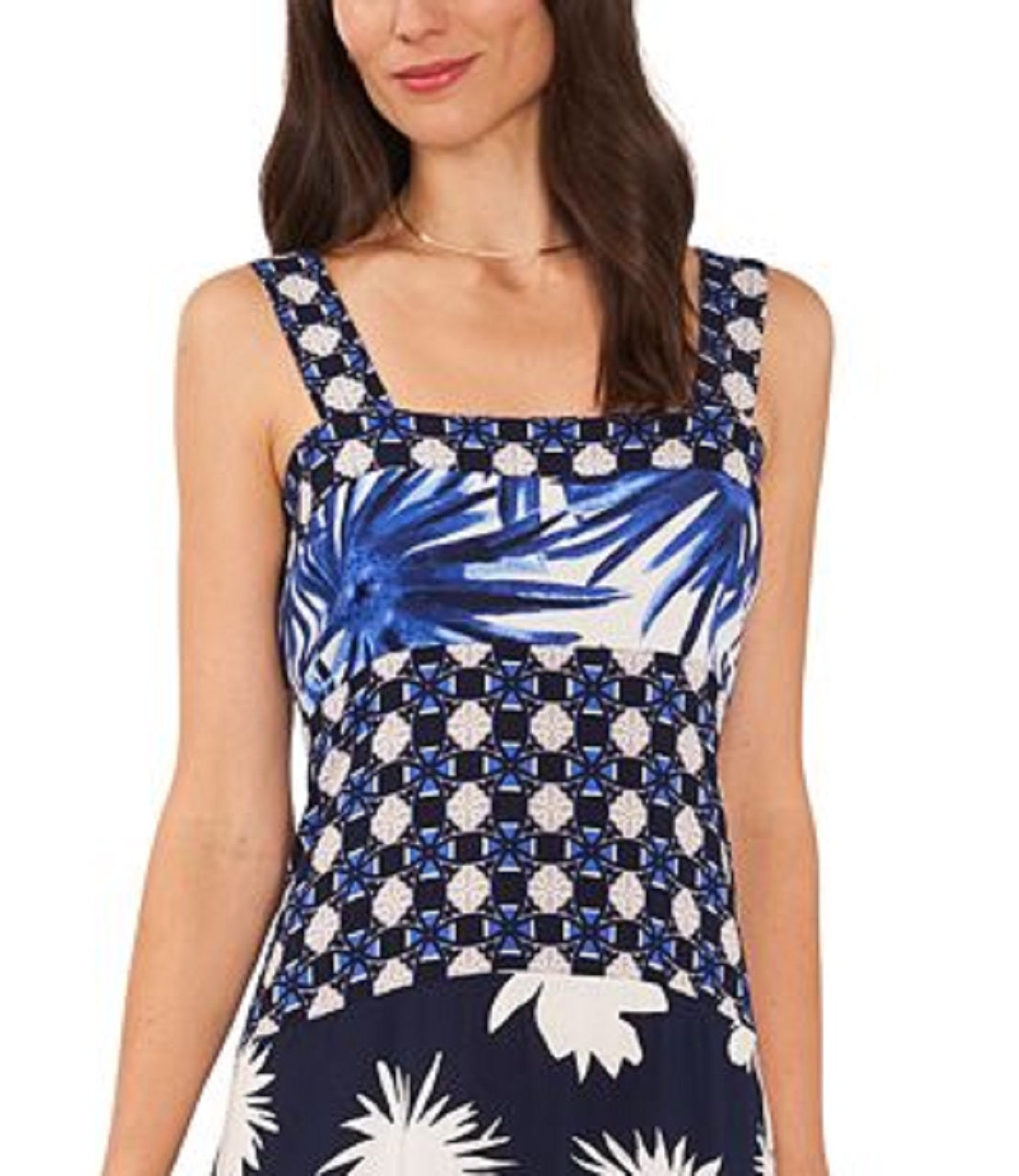 1.STATE Vestido longo com estampa mista feminina, azul, tamanho médio