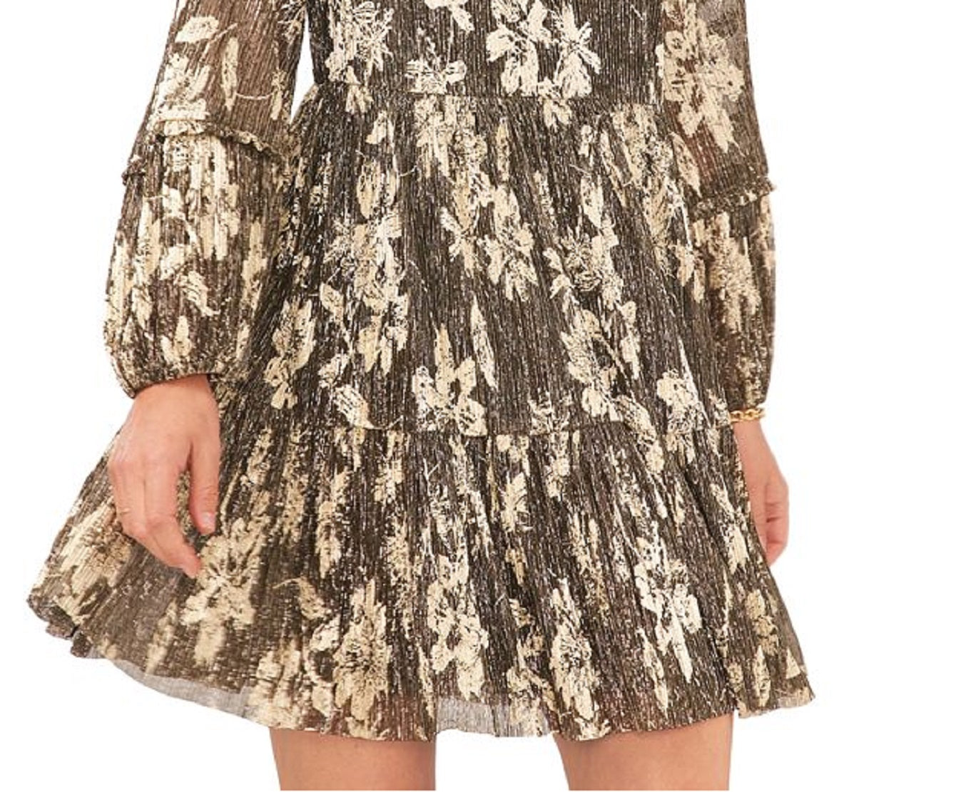 Vestido feminino Vince Camuto com estampa floral e decote dividido e babados, cinza, tamanho médio