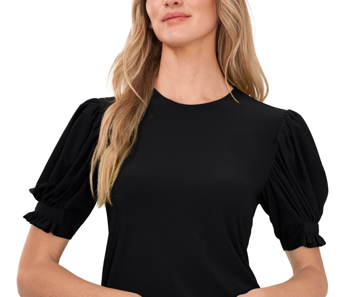 Blusa feminina CeCe com manga bufante e gola redonda, preta, tamanho pequeno