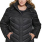 Casaco acolchoado com capuz e acabamento em pele sintética Kenneth Cole feminino, preto, tamanho 2X