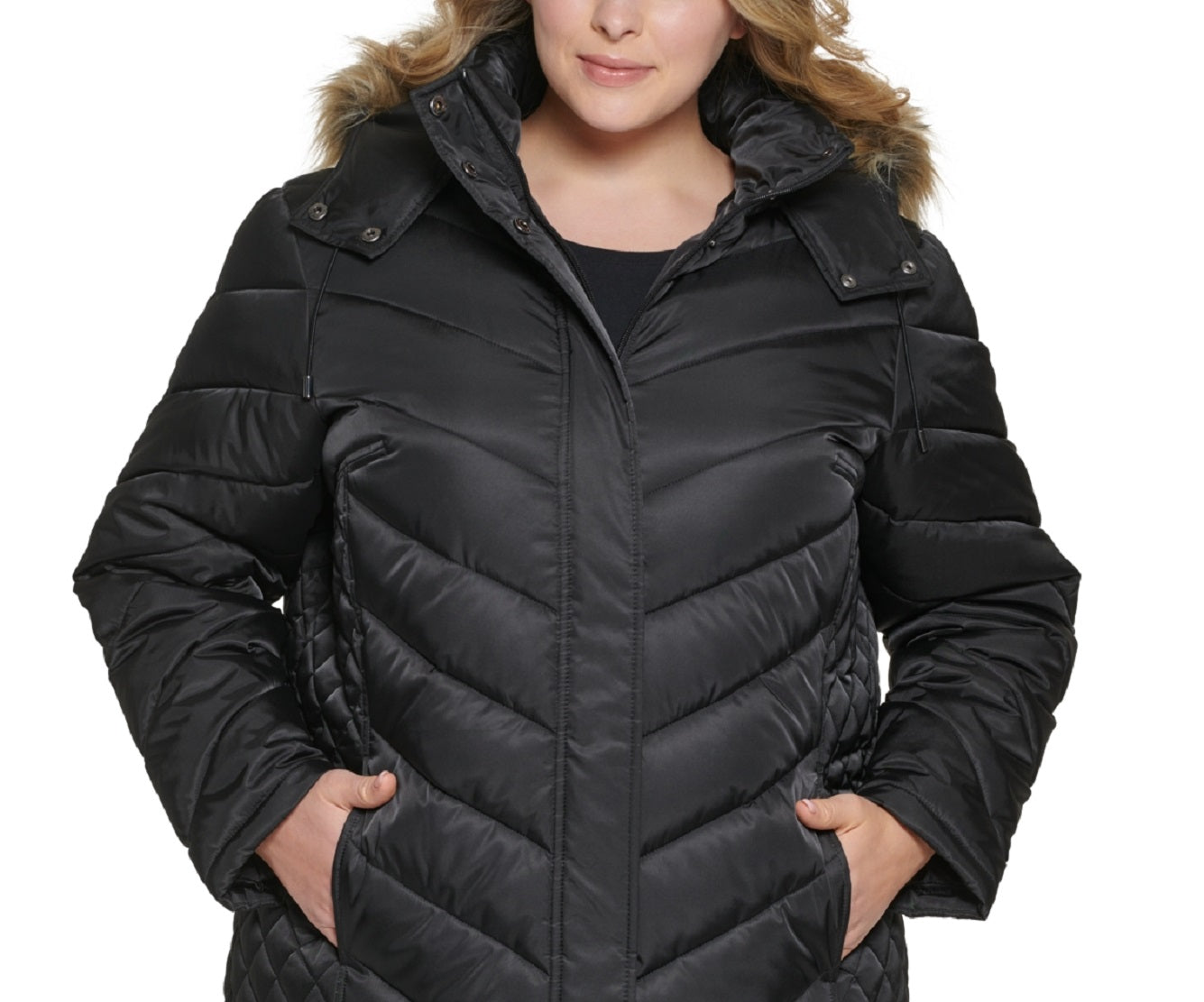 Casaco acolchoado com capuz e acabamento em pele sintética Kenneth Cole feminino, preto, tamanho 2X