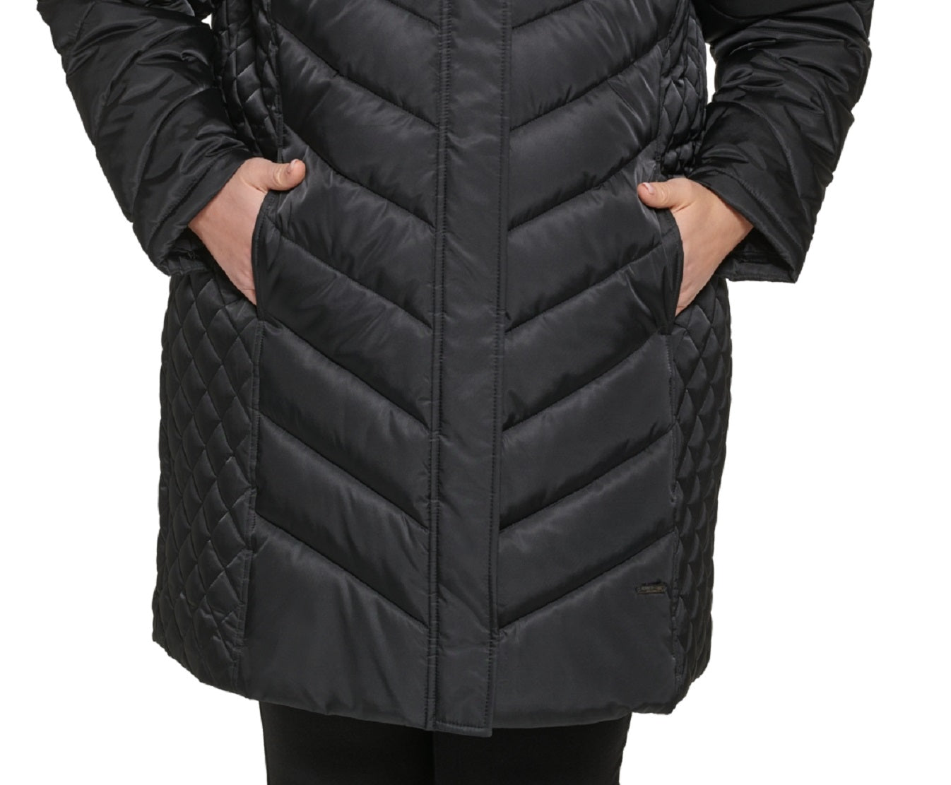 Casaco acolchoado com capuz e acabamento em pele sintética Kenneth Cole feminino, preto, tamanho 2X
