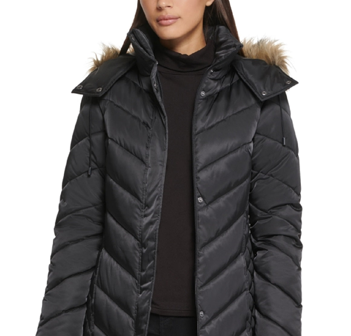 Casaco acolchoado com capuz e acabamento em pele sintética Kenneth Cole feminino, preto, tamanho grande