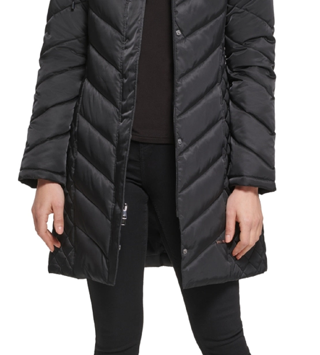 Casaco acolchoado com capuz e acabamento em pele sintética Kenneth Cole feminino, preto, tamanho grande