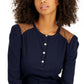 Tommy Hilfiger Feminino Faux Suede Trim Henley Top Azul Tamanho X-S
