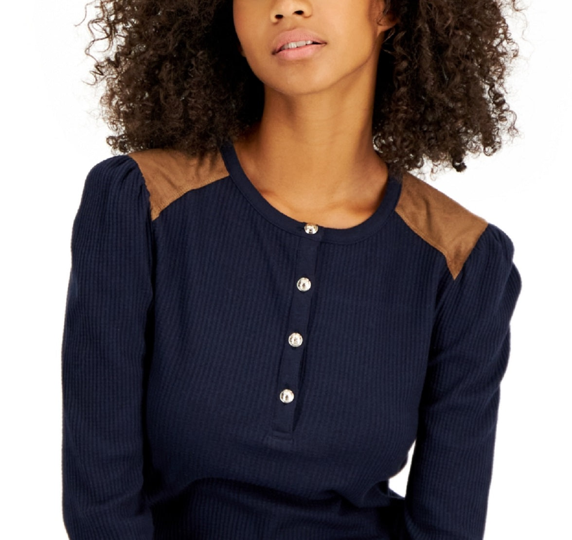 Tommy Hilfiger Feminino Faux Suede Trim Henley Top Azul Tamanho X-S