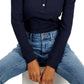 Tommy Hilfiger Feminino Faux Suede Trim Henley Top Azul Tamanho X-S