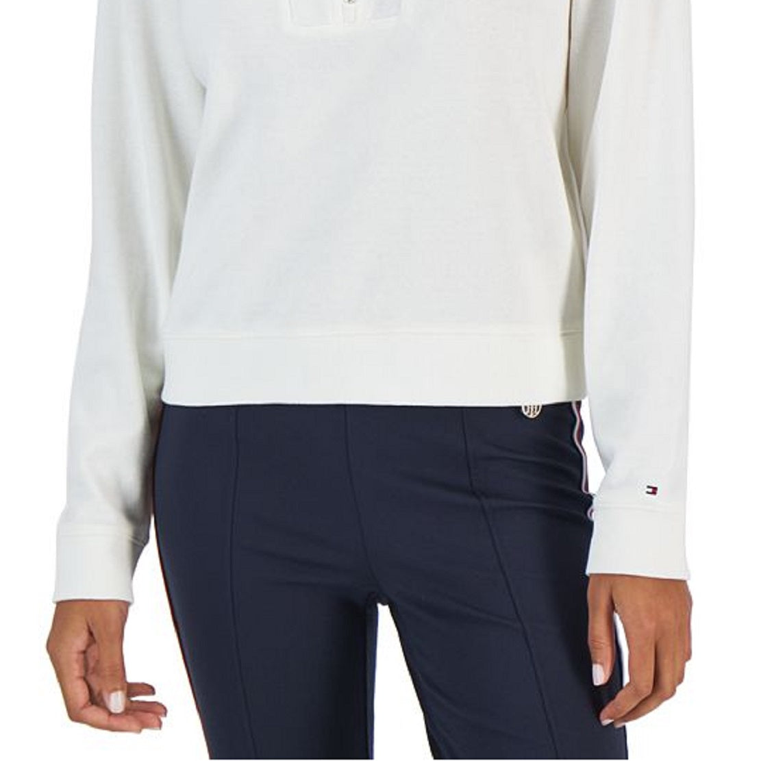 Tommy Hilfiger Moletom feminino curto com zíper 1/2, branco, tamanho GG