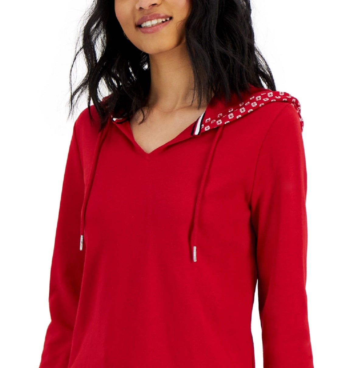 Tommy Hilfiger Blusa com capuz French Terry feminina em camadas, vermelha, tamanho médio