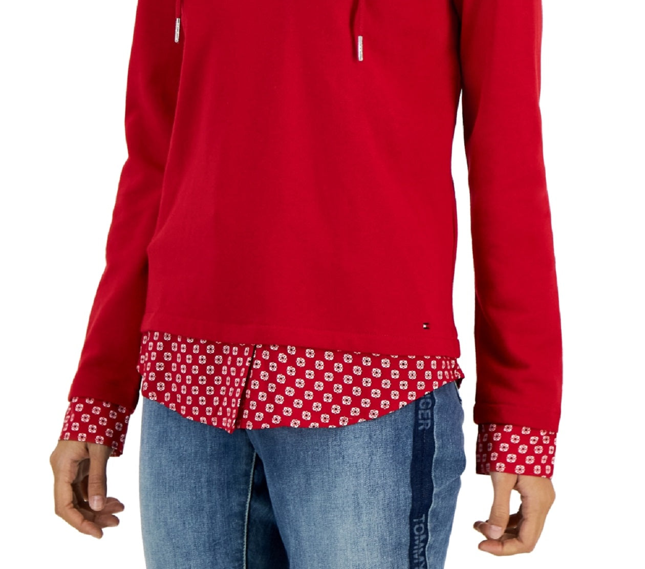 Tommy Hilfiger Blusa com capuz French Terry feminina em camadas, vermelha, tamanho médio