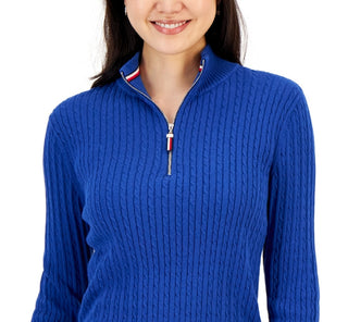 Tommy Hilfiger Suéter Feminino de Algodão com Gola Alta e Malha com Cabo Azul Tamanho Médio