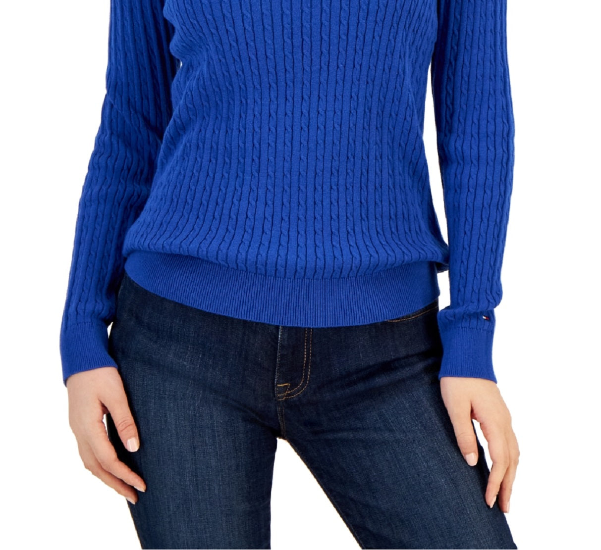 Tommy Hilfiger Suéter Feminino de Algodão com Gola Alta e Malha com Cabo Azul Tamanho Médio