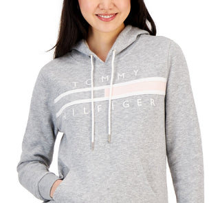 Tommy Hilfiger Moletom feminino com logo e bolso frontal, manga comprida, cinza, tamanho GG