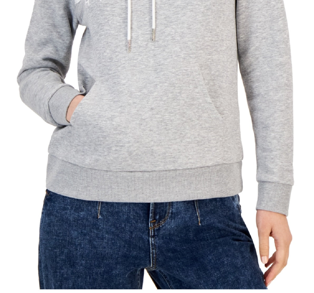 Tommy Hilfiger Moletom feminino com logo e bolso frontal, manga comprida, cinza, tamanho GG