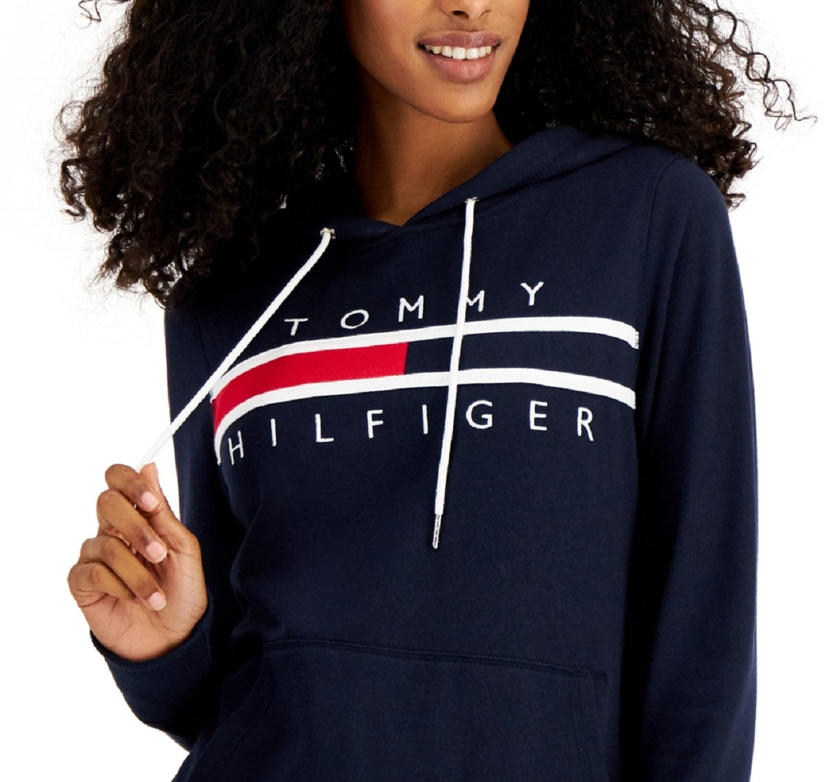 Tommy Hilfiger Moletom Feminino Manga Longa Bolso Frontal Logo Azul Tamanho P