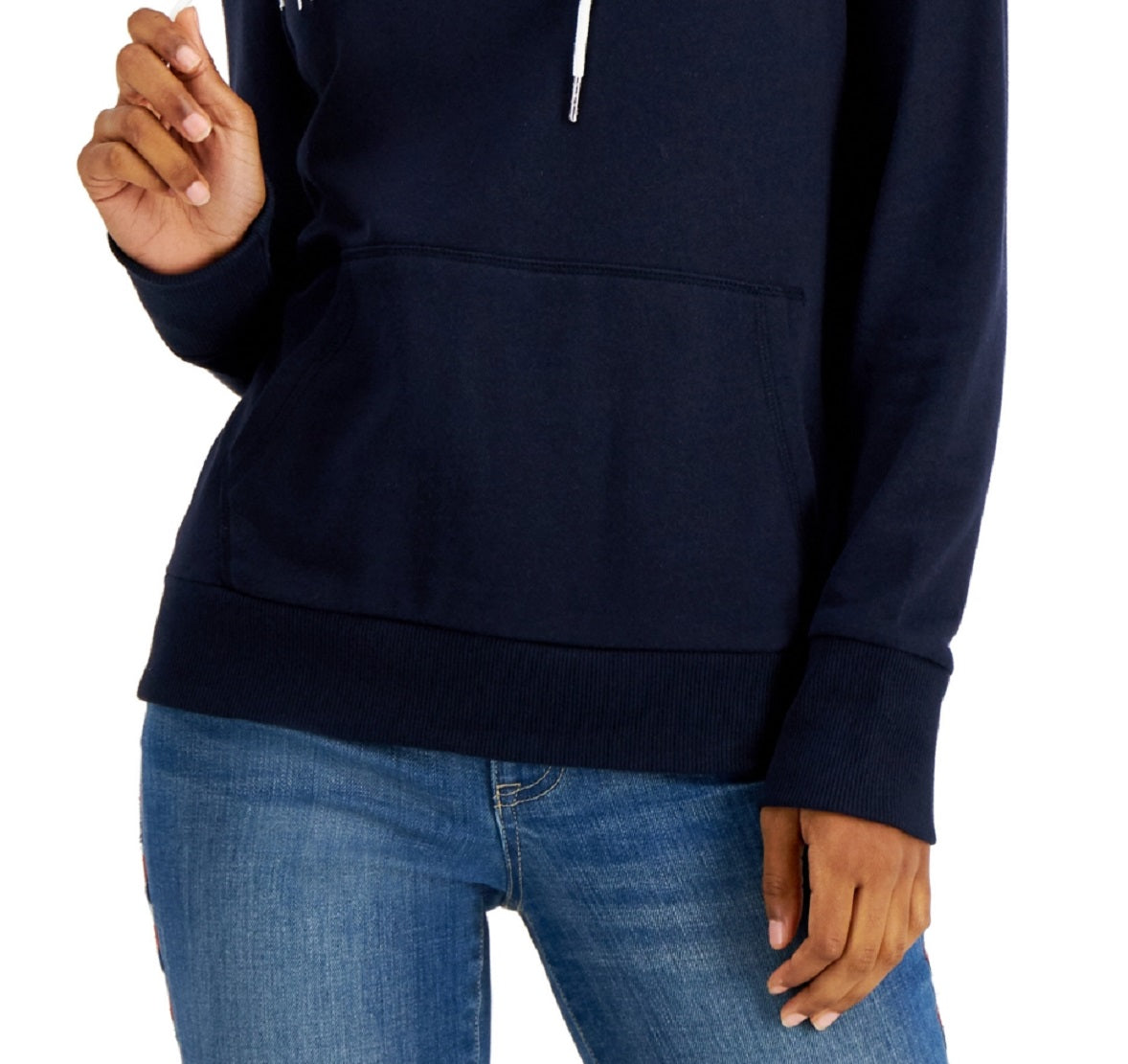 Tommy Hilfiger Moletom Feminino Manga Longa Bolso Frontal Logo Azul Tamanho P