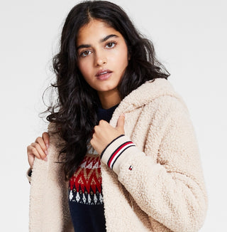 Jaqueta de lã com capuz e frente aberta feminina Tommy Hilfiger marrom tamanho grande