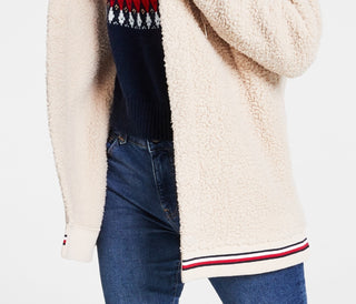 Jaqueta de lã com capuz e frente aberta feminina Tommy Hilfiger marrom tamanho grande