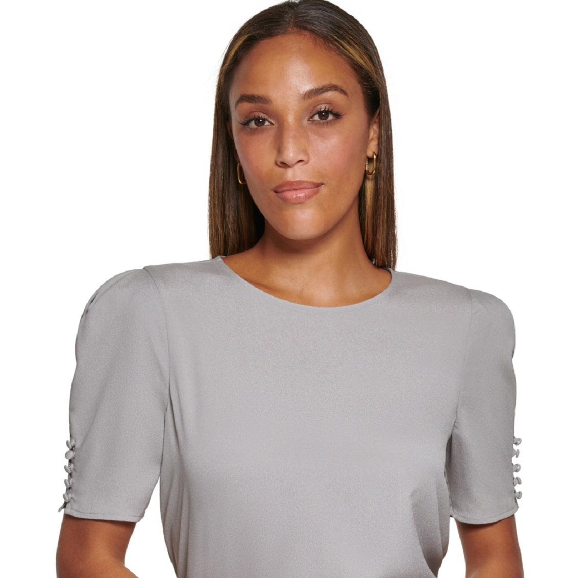 Blusa Calvin Klein Feminina Decote Redondo Detalhe de Botão Cinza Tamanho Médio