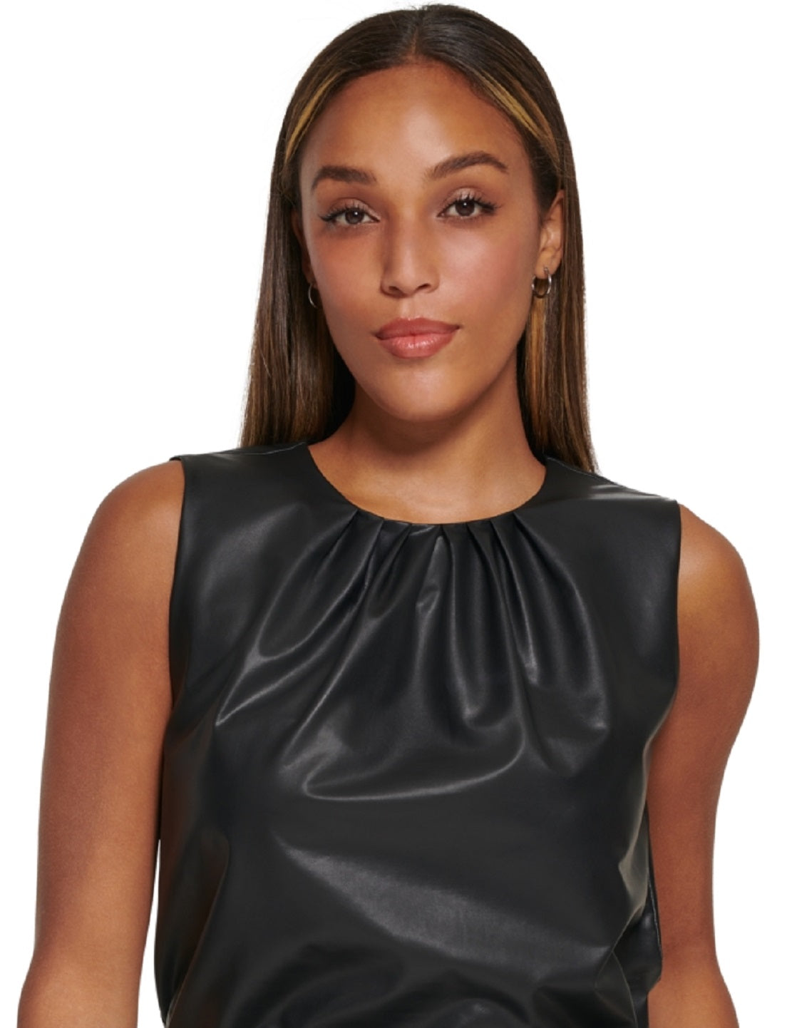 Blusa feminina Clavin Klein de couro sintético com pregas e gola sem mangas, preta, tamanho médio