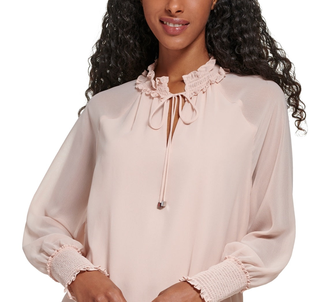 Blusa Calvin Klein Feminina Amarrada na Frente em Chiffon Camponesa Rosa Tamanho X-G