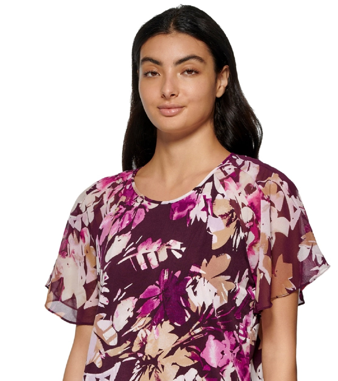 Blusa Calvin Klein Feminina Estampada Chiffon Manga Flutter Roxa Tamanho Grande