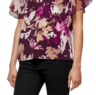 Blusa Calvin Klein Feminina Estampada Chiffon Manga Flutter Roxa Tamanho Grande