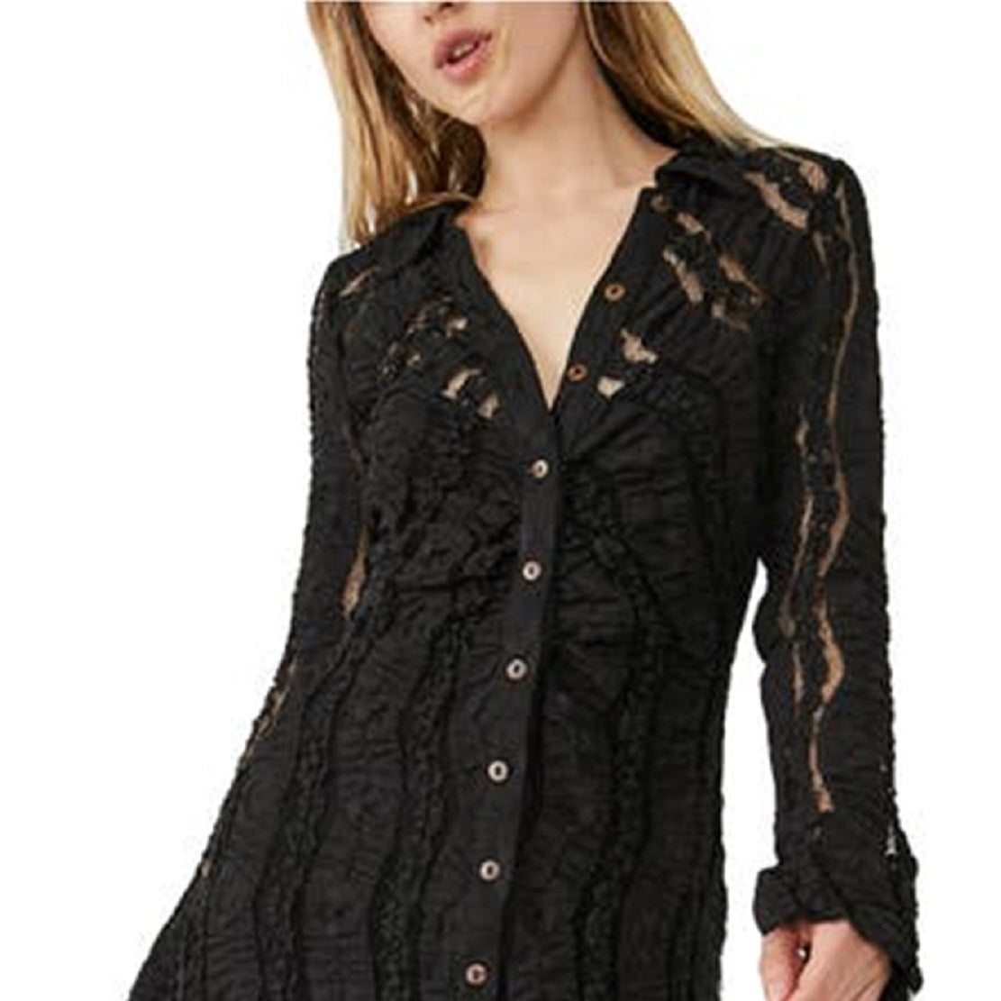Vestido curto de renda com manga comprida Shayla da Free People para mulheres, preto, tamanho médio
