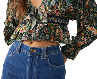 Blusa curta com babados e estampa Rudi feminina Free People, preta, tamanho grande