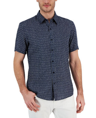 Camisa social masculina Michael Kors Slim Fit com estampa de linho, tamanho XXG, azul