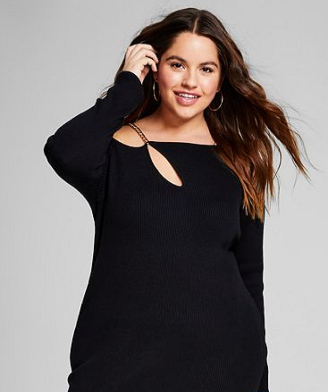 E agora este vestido suéter feminino de malha canelada com alça de corrente, preto, tamanho 2X