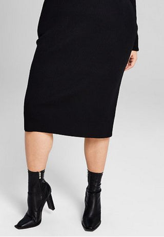 E agora este vestido suéter feminino de malha canelada com alça de corrente, preto, tamanho 2X