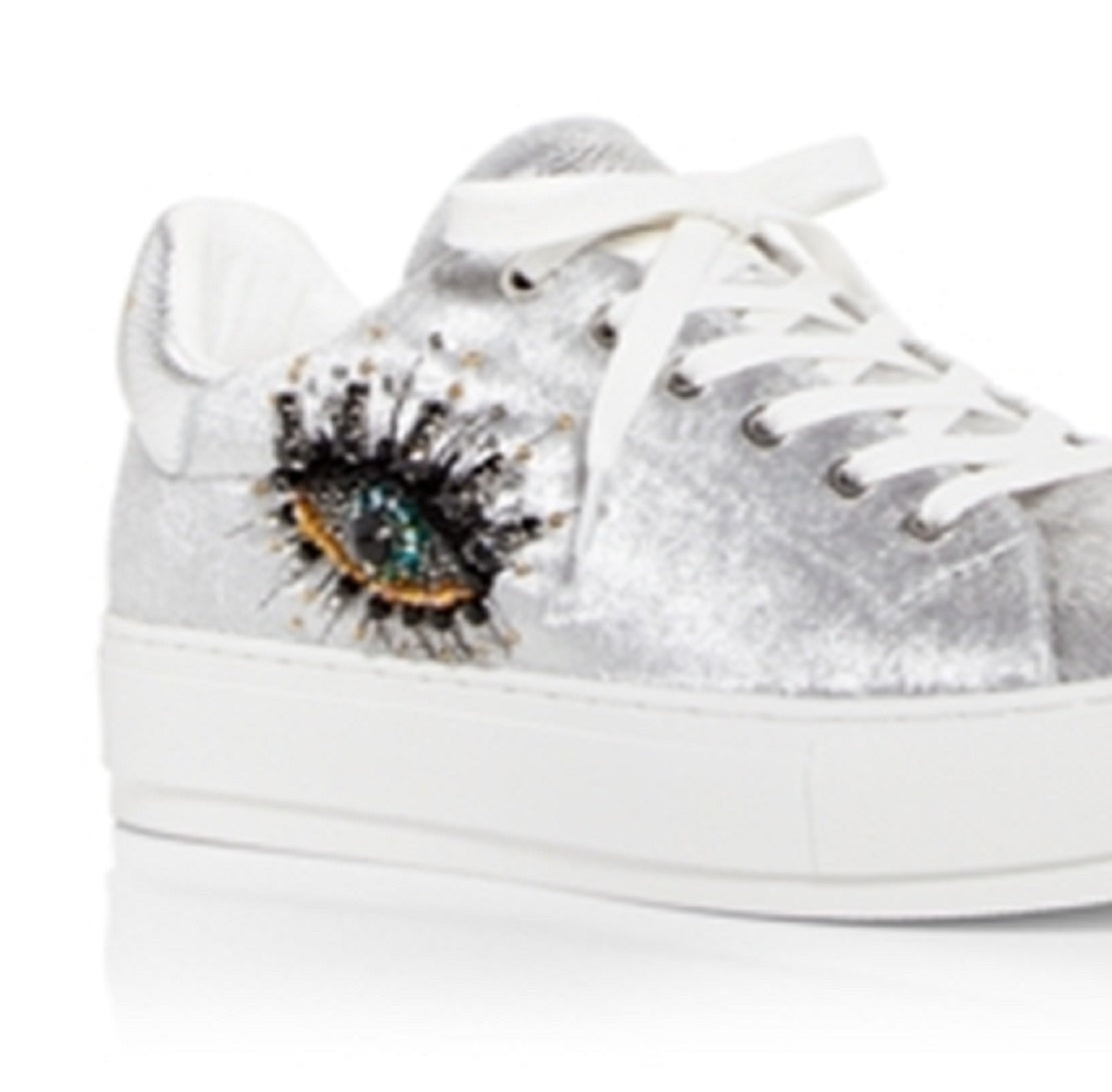 Tênis plataforma feminino Kurt Geiger London Laney Eye com detalhes prateados, tamanho 8 M