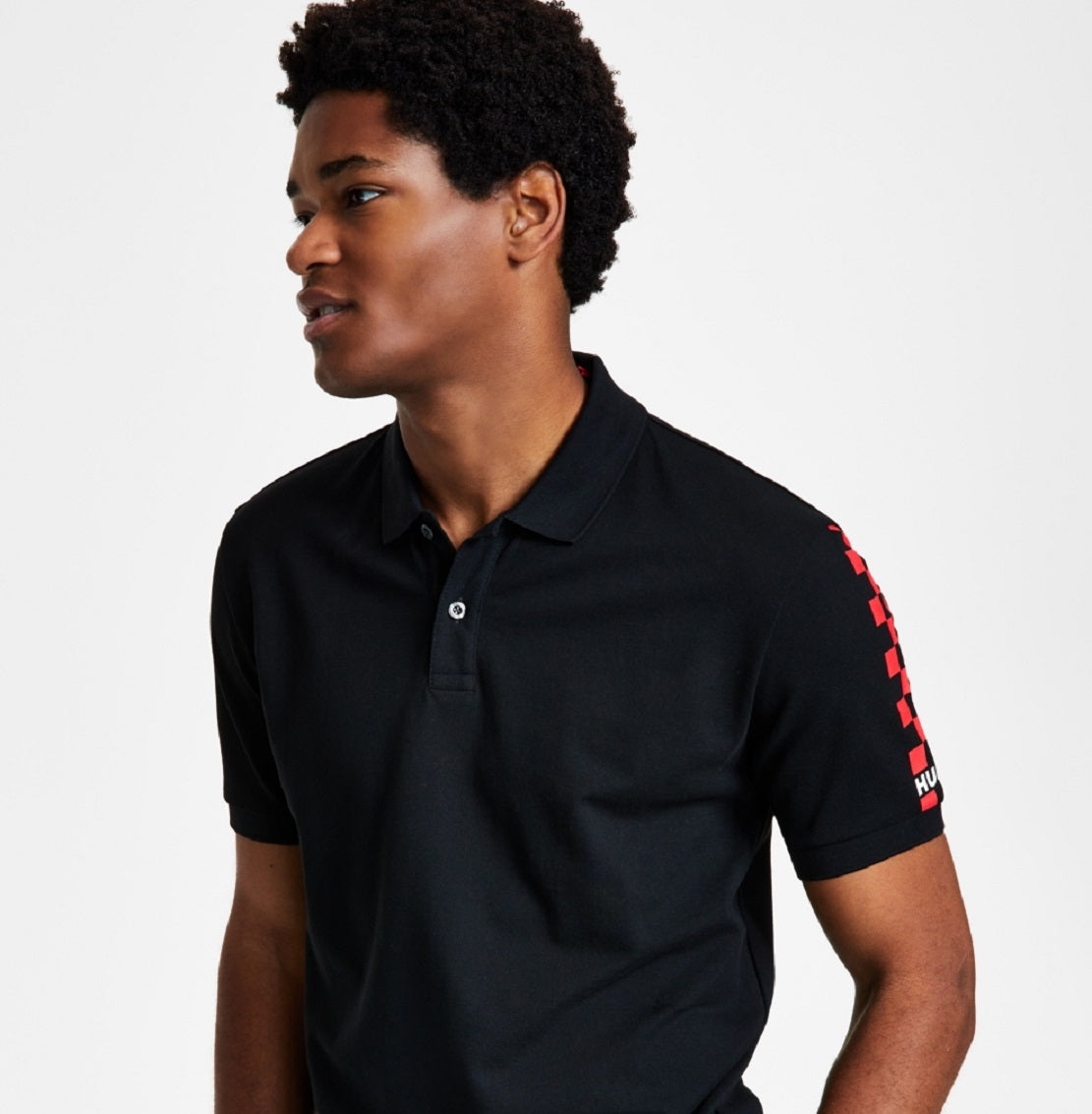 Camisa polo masculina Hugo Boss Dovember Classic Fit com estampa de logotipo xadrez, preta, tamanho médio