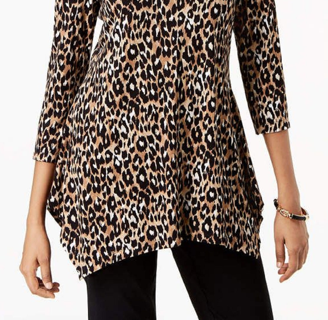 Top feminino estampado com bainha de lenço da coleção JM, preto, tamanho pequeno