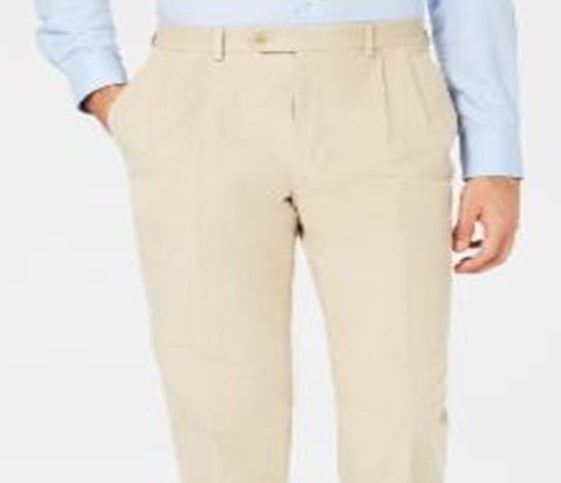 Calça social Ralph Lauren masculina clássica, corte regular, veludo cotelê, com pregas duplas reversas, marrom, tamanho 34x32
