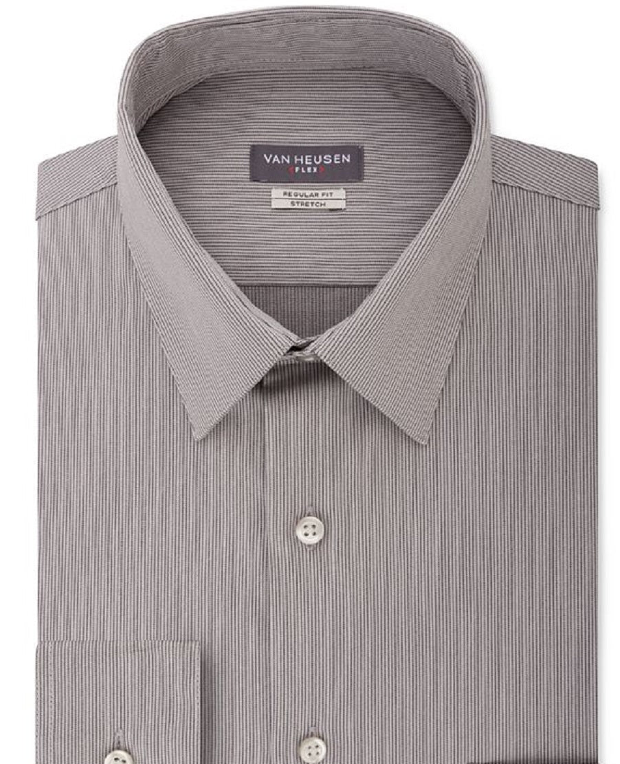 Camisa social listrada Van Heusen masculina com ajuste flexível e gola cinza, tamanho 16 x 34 x 35