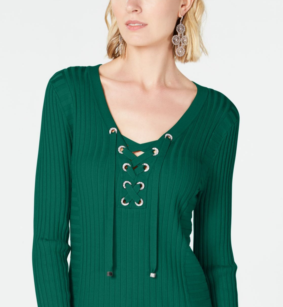 Suéter feminino com ilhós e strass canelados da INC International Concepts, tamanho médio, verde