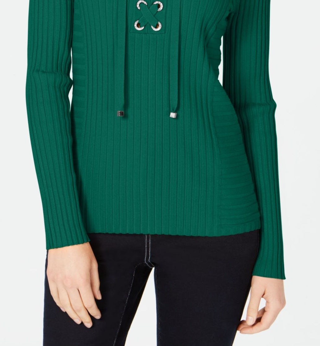 Suéter feminino com ilhós e strass canelados da INC International Concepts, tamanho médio, verde