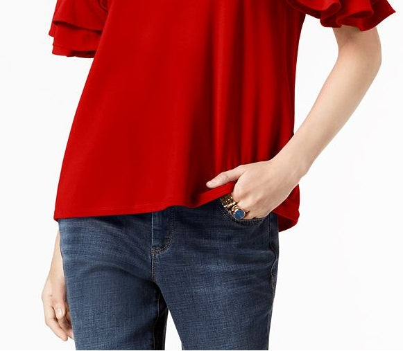 Blusa feminina com mangas franzidas INC International Concepts, vermelha, tamanho médio