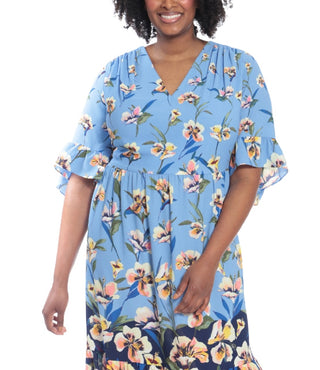 Vestido longo feminino com estampa floral London Times, azul, tamanho 14W