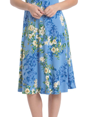 Vestido midi plissado com estampa floral e decote em V, tamanho 8, azul, London Times