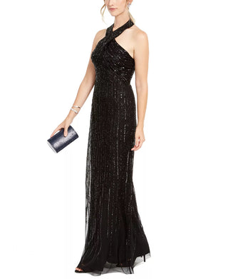 Adrianna Papell Women's Halter Beaded Gown Black Size 14