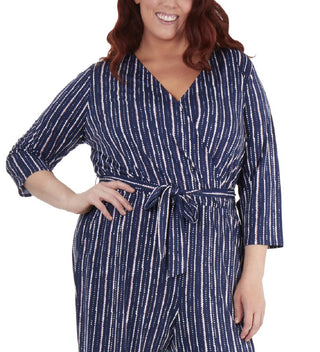 Macacão feminino NY Collection com manga 3/4 e cinto, azul, tamanho 3X